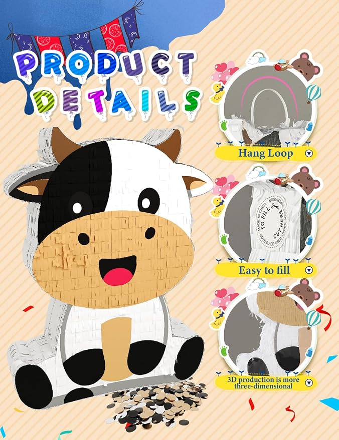 Cute Cow Piñata for Birthday Girls and Boys, Yellow Cow Piñata Includes 12pcs Paper Glasses, Blindfold, Stick, and Confetti, Perfect Farm Animal Themed Party Decorations (16 x 13 x 3.5 Inch)