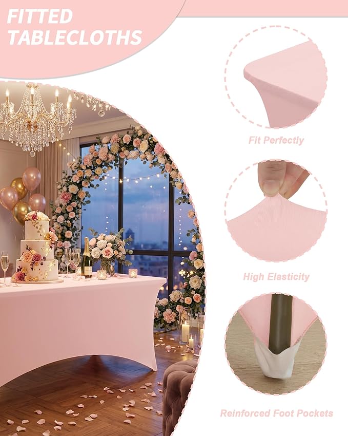 Fixwal Pink Stretch Table Cloth Rectangle 2 Pack 6FT, Spandex Fitted Table Covers Washable for Party, Trade Show, Banquet, Wedding, Buffet