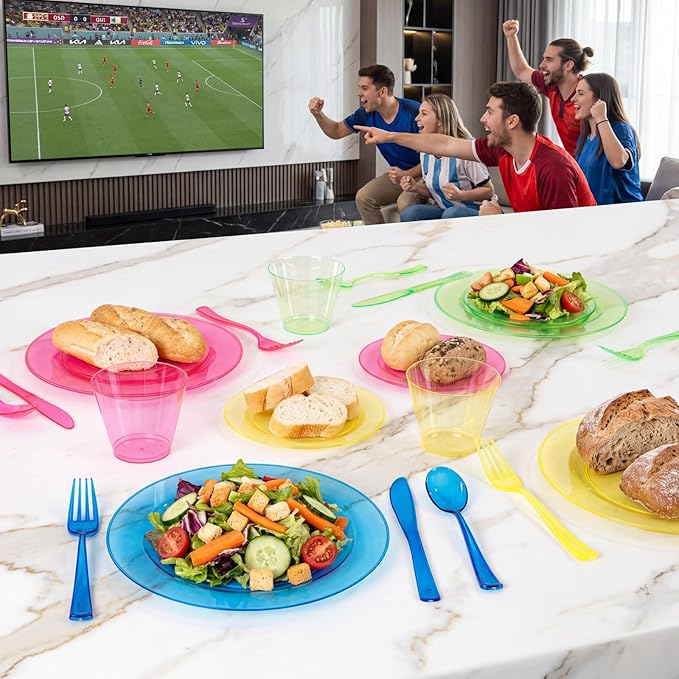 Supernal 216pcs Plastic Dinnerware Set include Rainbow Disposable Plates for Party Heavy Duty,Colorful Disposable Cups,Plastic Silveware in Neon Pink,Blue,Green,Yellow, Pefect for Birthdays