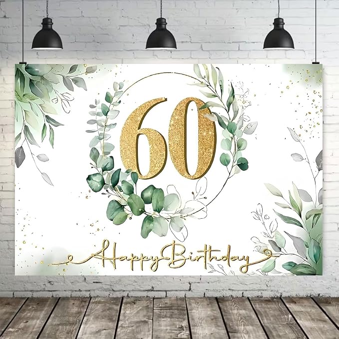 Happy 60th Birthday Backdrop Gold 60th Sign Design Eucalyptus Olive Green Birthday Decorations Gold Dots Greenery Succulent Background for Women Men Birthday Supplies(C, 9X6FT)
