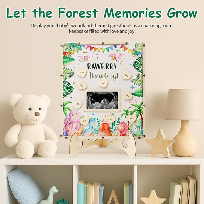 Dinosaur Baby Shower Decorations,Hatching Soon Baby Shower Guest Book Alternatives with Dinosaur Pen,Photo Frame and 60 Heart Wood Slices for 60 Guests,Its a Boy Gender Reveal Decorations