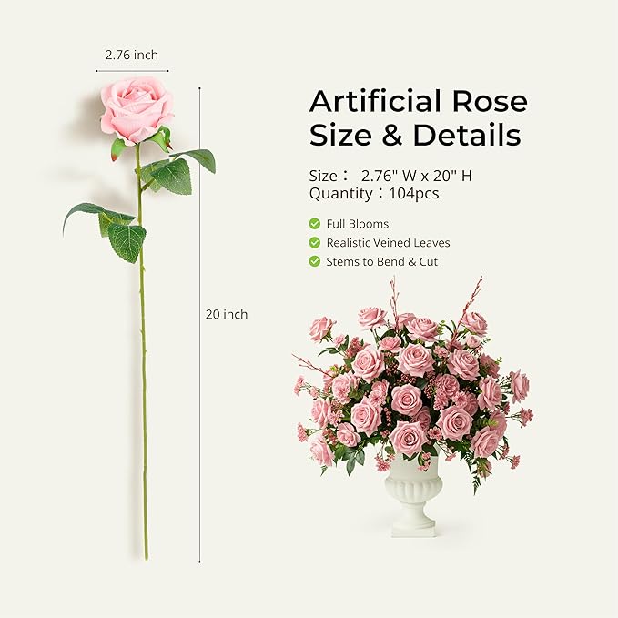 Auihiay 104PCS Pink Roses, Realistic Silk Velvet Pink Artificial Flowers, Real-Touch Fake Roses for Bridal Bouquet, Garden Party, Bedroom Decor, Home Decor, Valentine's Day, Wedding Centerpieces