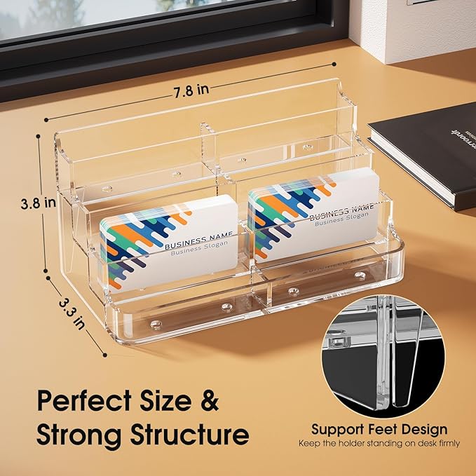 MaxGear 2 Pack Acrylic Business Card Holder for Desk, Clear Desktop Business Card Display Stand with 8 Pockets, 4-Tier Freestanding Card Organizer for Office, Reception, Countertop