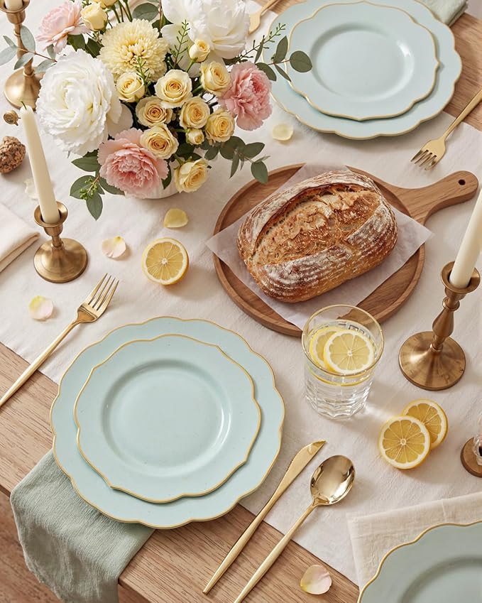 bUCLA 180PCS Green Plastic Plates - Disposable Sage Green with Gold Rim - Include 30 (Dinner & Dessert) Plates, 30 Knives, 30 Forks, 30 Spoons and 30 Cups for Party, Spring & Shower