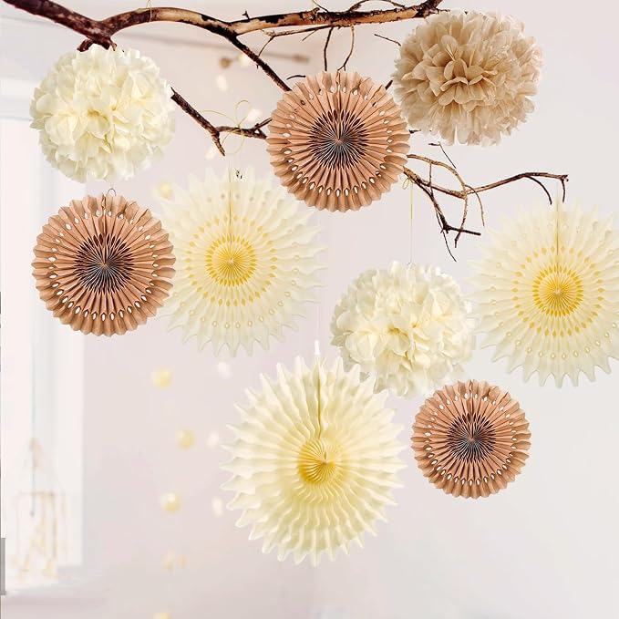 SUNBEAUTY Brown Party Decorations Boho Wedding Party Decor Brown Beige Tissue Pom Poms Paper Fans Hanging Neutral Women Birthday Party Decorations Bridal Shower Baby Shower Rustic Engagement Decor