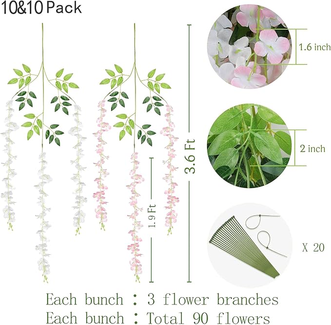 BLEUM CADE 20Pcs White & Pink Fake Wisteria Hanging Flowers, 3.6Ft/Pcs Artificial Wisteria Garland, Hanging Flowers for Wedding Party Home Backdrop Wall Decoration