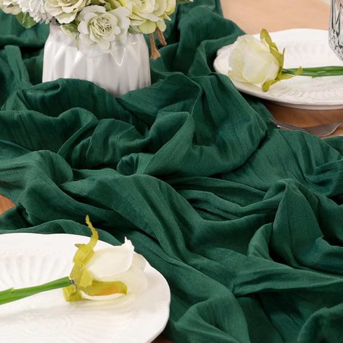LINXTAR Emerald Green Cheesecloth Table Runner 10 Pack 120 Inches 10Ft Gauze Summer Boho Table Runner for Wedding Tea Party Baby Shower Bridal Birthday Home Decoration