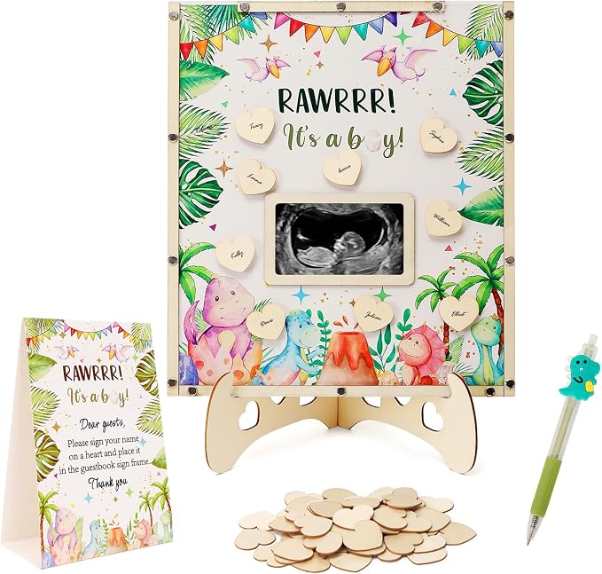Dinosaur Baby Shower Decorations,Hatching Soon Baby Shower Guest Book Alternatives with Dinosaur Pen,Photo Frame and 60 Heart Wood Slices for 60 Guests,Its a Boy Gender Reveal Decorations