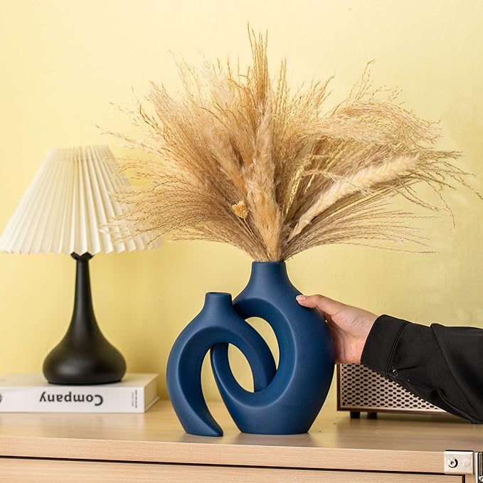Lvases Snuggle Hollow Ceramic Flower Vase Set 2, 8.4" H Matte Navy Blue | Nordic Boho Home Decor Modern Aesthetic Ins Style Living Room Coffee Table Centerpieces Pampas Grass Decorative Display