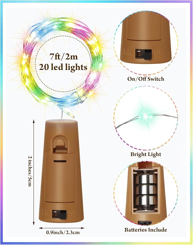 Hortsun 60 Pack Wine Bottle LED Lights with Cork Fairy Mini String Lights Battery Operated Mini Waterproof 7 ft Silver Wire 20 LED Cork Shape for Valentines, DIY, Party, Decor, Wedding (Multicolor)