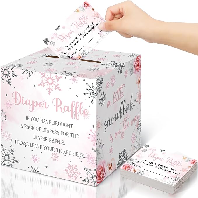 Teling 51 Pieces Diaper Raffle Tickets with Card Box Baby Shower Decorations Baby Shower Holder Box for Girl Boy Diaper Raffle Party(Pink Snowflake)