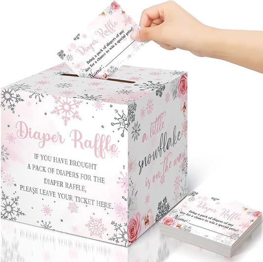 Teling 51 Pieces Diaper Raffle Tickets with Card Box Baby Shower Decorations Baby Shower Holder Box for Girl Boy Diaper Raffle Party(Pink Snowflake)
