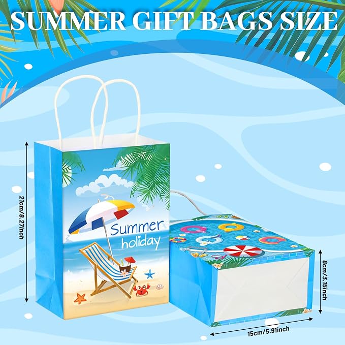 Outus 48 Pieces Summer Pool Party Favors Bags Beach Gift Goodie Paper Bags with Handles Beach Swimming Pool Candy Treat Pouch for Summer Hawaiian Luau Birthday Holiday Party Supplies