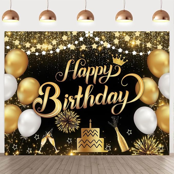 Happy Birthday Backdrop 10x8ft For Men Women Boys Girls Black and Gold Happy Birthday Sign Wall Banner Decorations Large Birthday Party Photo Background Poster Supplies Polyester Fabric