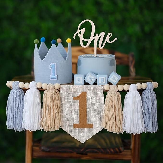 Blue Baby Boy 1st High Chair Banner Wood Bead Tassel Garland Crown Hat Wooden Cake Topper Birthday Party Decorations