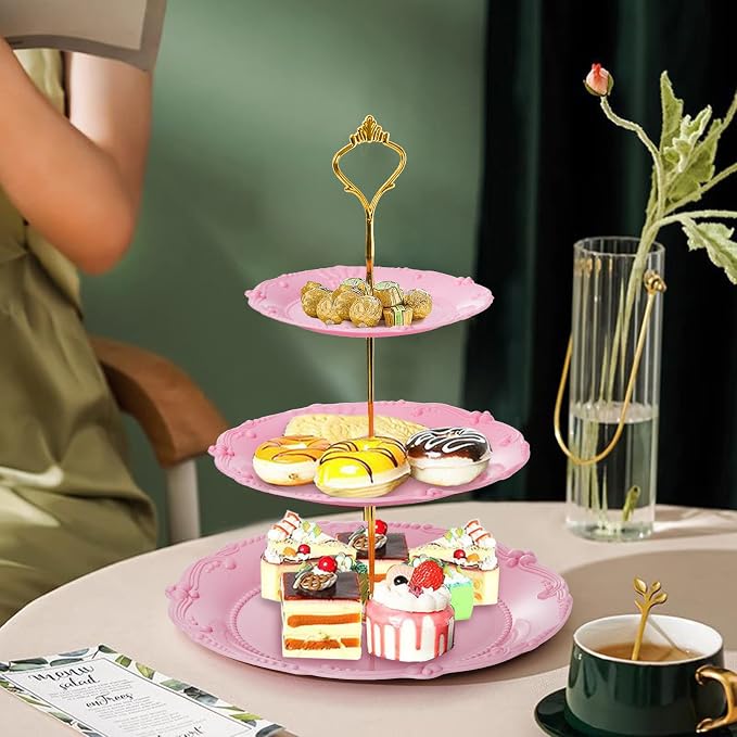 Fasmov 3 Pack 3 Tier Plastic Cupcake Stand, Dessert Plates Cake Fruit Candy Display Tower Reusable Pastry Platter for Wedding Birthday Baby Shower Tea Party Decorations - White Pink Green