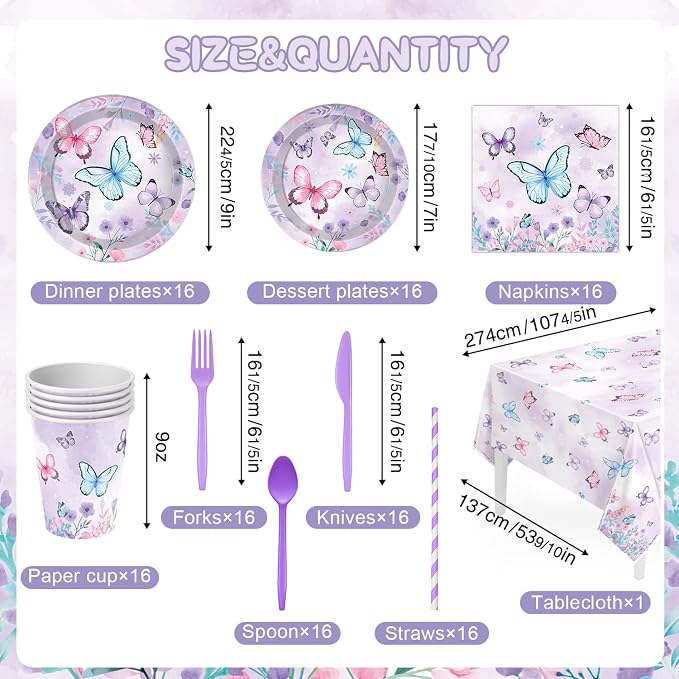 Butterfly Birthday Decorations, Butterfly Decorations Purple Birthday Decorations Tableware, 163 Pcs Butterflies Decorations for Girls, Serves 16