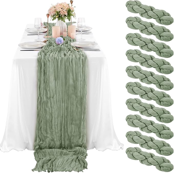10 Pcs Sage Green Cheesecloth Table Runner 10FT, Gauze Table Runner for Wedding Reception Sheer Bridal Shower Birthday Party Boho Table Decoration, Rustic Romantic Wedding Runner