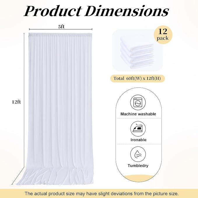 60ft x 12ft White Backdrop Curtains for Parties, Wrinkle Free 12 Panels Photo Backdrop Drapes Back Drop Cloth for Wedding Birthday Photography Background Decor