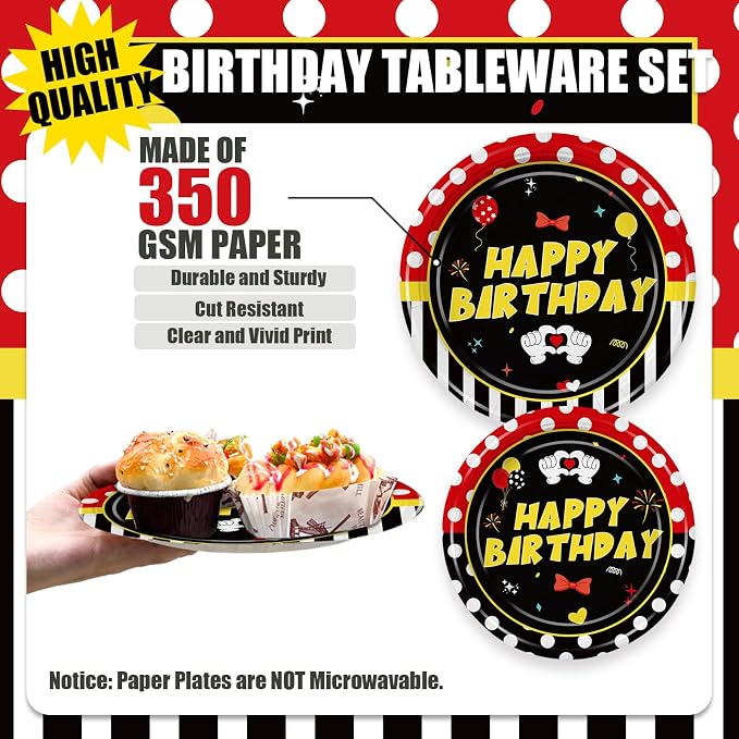 168Pcs Cartoon Mouse Birthday Decorations Red Cartoon Party Decorations Paper Plates and Napkins Tableware Kit for Boys Girls Red Mouse Theme Party Supplies