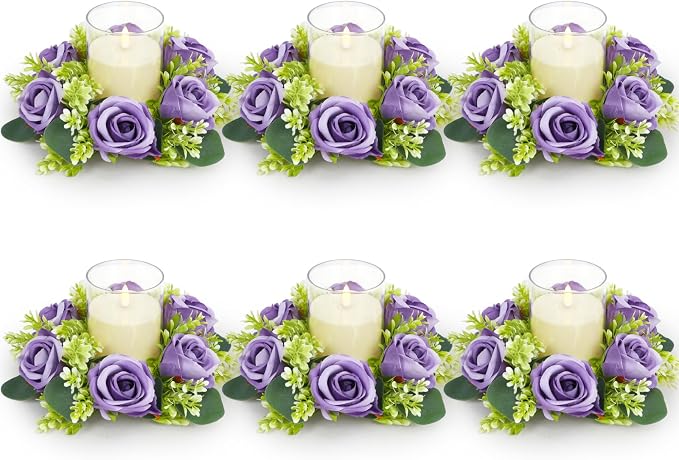 Purple Rose Candle Rings with Flameless Candles Sets - 12PCS Artificial Flower Eucalyptus Wedding Centerpiece 3 Inch Pillar Candleholders Wreaths for Wedding Party Decor (Purple - 6 Sets)
