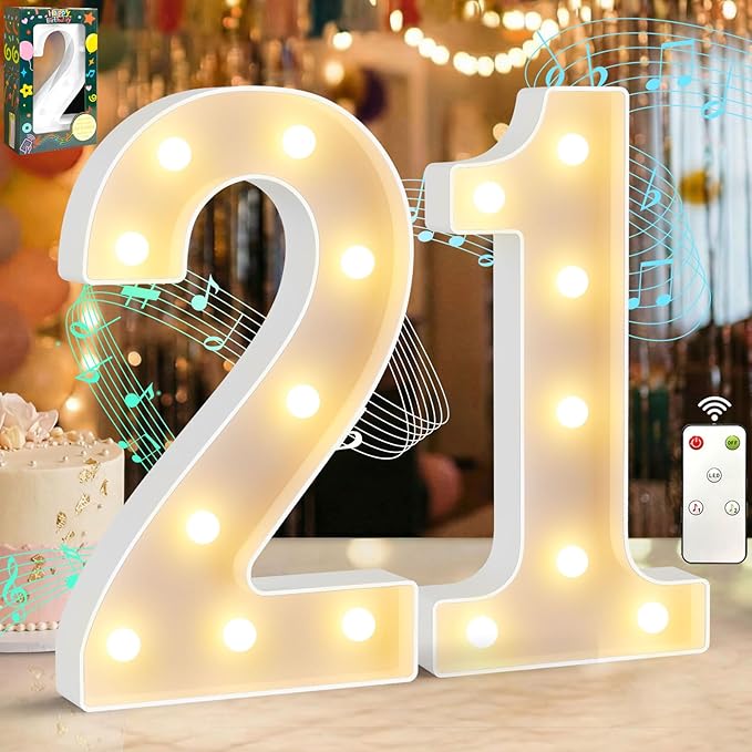 12.6 Inch LED Marquee Light Up Numbers 21 with Happy Birthday Music, Remote 21st Birthday Number Lights as Gifts for Women Men, Lighted Marquee Numbers for Table Party Decorations