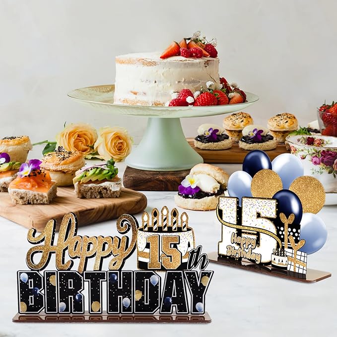 LINGTEER Happy 15th Birthday Gold Acrylic Table Topper Centerpieces Set - Cheers to Fifteen Years Old Birthday 15th Bday Party Gift Decorations.