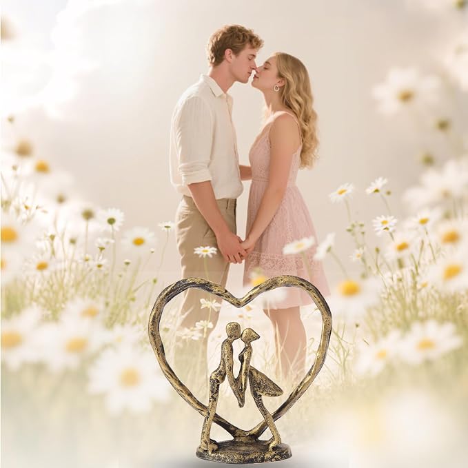 Anniversary Wedding Gift for Her Wife Husband Couple，Antique Golden Metal Couple Figurine Heart Sculpture Love Statue，Romantic 1st to 60th Anniversary,Includes Gift Box and Gift Card，Valentines Gifts