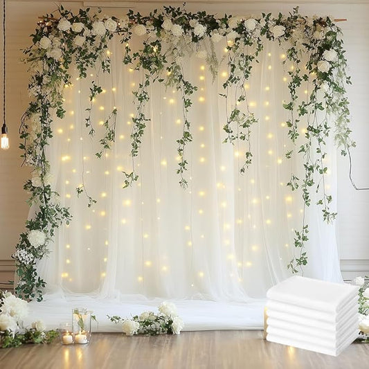 Tulle Backdrop Curtain with Lights String 30 X 8FT Ivory Sheer Tulle Backdrop Curtains for Wedding Birthday Party Reception Photo Booth Background Decorations (6 Panels 5x8FT)