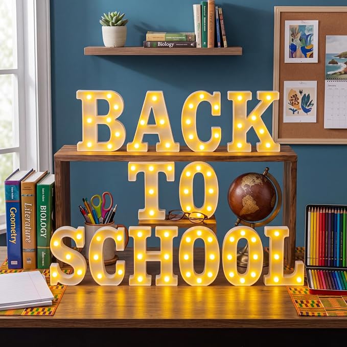 Honoson 12 Pcs Back to School Decoration LED Letter Lights Sign Neon Marquee Lights First Day of School Table Decoration for Classroom Office Desktop Decor
