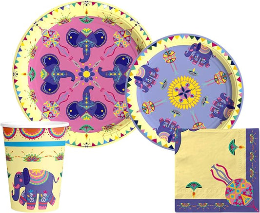 Diwali Tableware Pack: Disposable Paper Plates, Napkins and Cups Set for 20