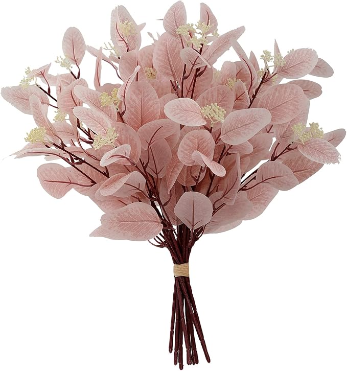 dallisten 20" Silk Artificial Eucalyptus Stems, 12 Pcs Fake Eucalyptus Stem with Leaves Berries, Greenery Plants Floral Decorations for Wedding Party Home Flowers Arrangement Boho Decor (Blush)