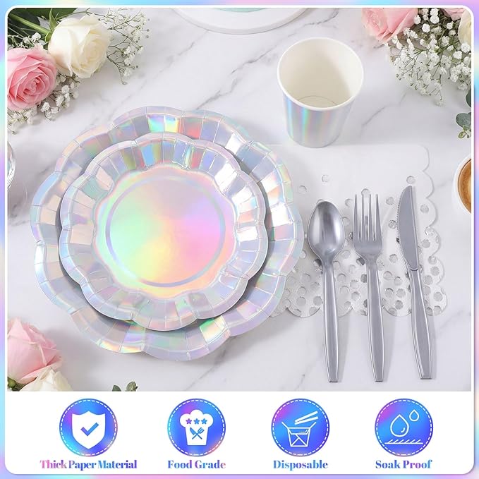 175 Pcs Iridescent Plates and Napkins Set, 25 Guest Iridescent Party Supplies Include Scalloped Plate Napkin Cup Forks Knives Disposable Plastic Cutlery for Birthda Bridal Wedding Disco