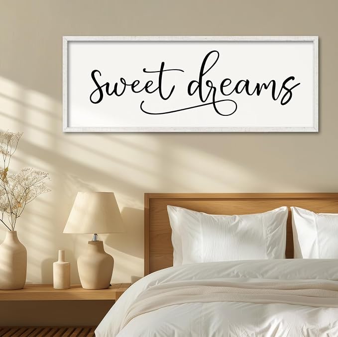 YWJKWLGS Sweet Dreams Wall Decor Signs Above Bed Bedroom Wall Art Over Bed | 40x15 Inch Farmhouse Handwritten Art Large Rustic White Wood Framed Master Guest Room Kids Room Wall Hanging