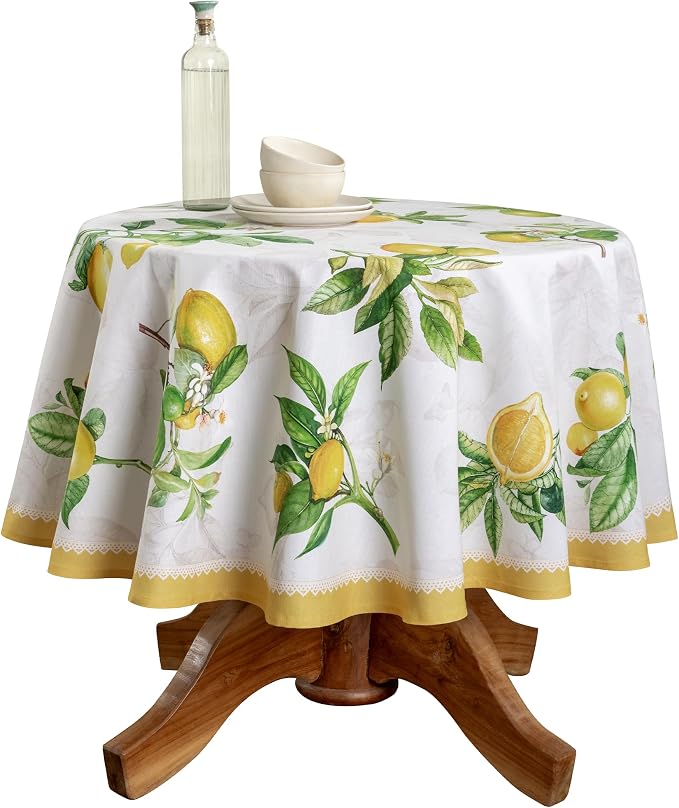 Maison d' Hermine Table Cloth Round Table 100% Cotton 63 Round Inches Tablecloth Reusable Decorative for Dining Kitchen Room Farmhouse Party Home Hotel Restaurant Spring Summer - Limoncello