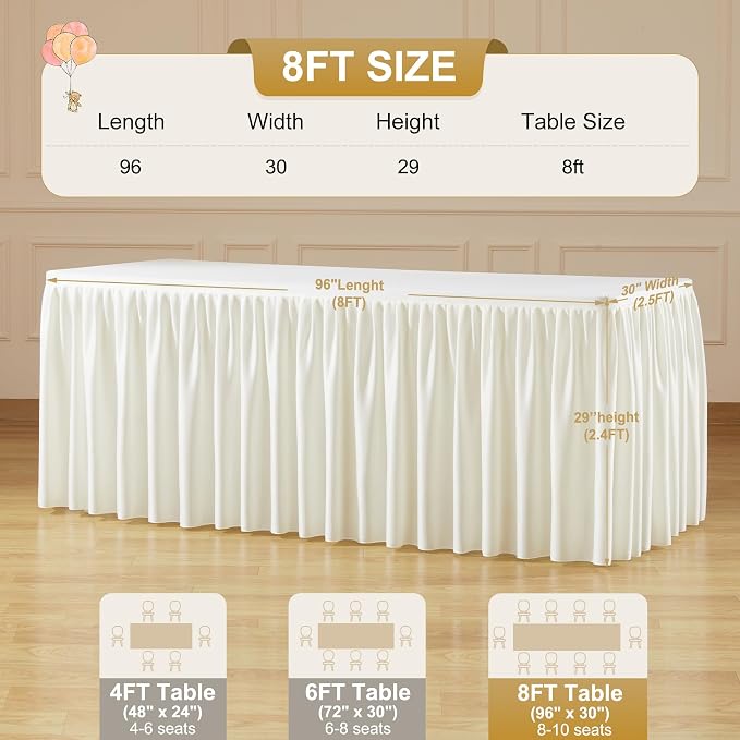 2 Packs Ivory Spandex Tablecloths Rectangle Tables 8ft, Stretch Fitted Table Covers for 8 Foot Tables Wrinkle Free Rectangle Table Cloth with Skirt for Birthday Party Events Banquette Baby Shower