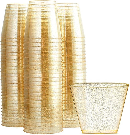 WDF 200pcs 9OZ Gold Cups,Disposable Premium Wedding Gold Glitter Plastic Cups for Party Baby Shower Wedding Spring