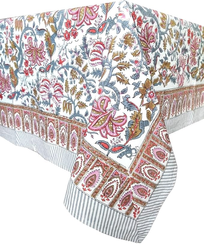 ATOSII Eden 100% Cotton Tablecloth, Handblock Floral Print Rectangle Linen for Kitchen Dining I Parties Wedding Christmas Thanksgiving Outdoors I Spring Summer 60 X 90 Inches I 6 Seater Table