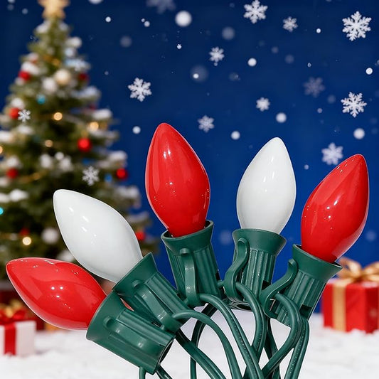 25FT C7 LED Christmas Lights Outdoor, Vintage Red and White Christmas String Lights with 27 Bulbs (2 Spare), UL Listed Waterproof Plug-in Patio Lights for Tree Yard Party Xmas Decoration