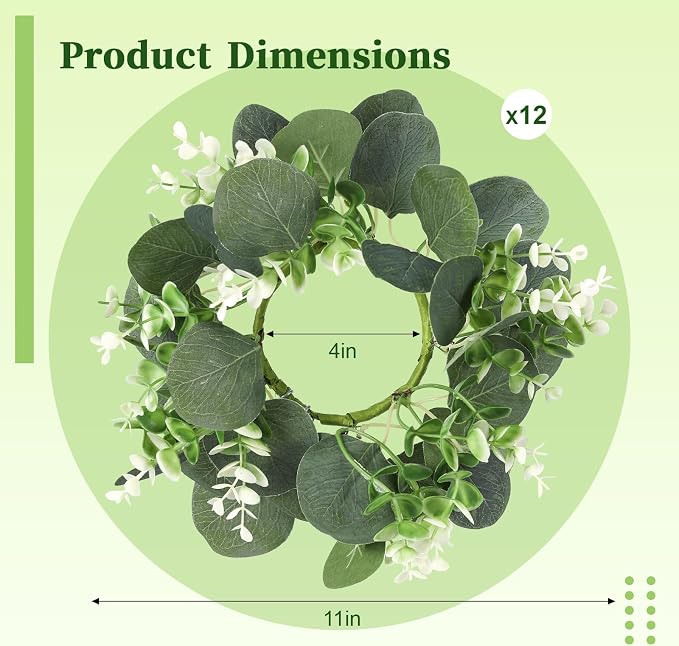 12 Pcs Artificial Eucalyptus Candle Rings Wreaths, 9 Inch Candle Rings with Baby Breath, Greenery Candle Rings for Pillar Candles, Wedding Centerpieces, Home Decor