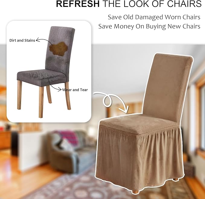 NICEEC Spandex Chair Covers for Dining Chairs Covers Set of 4 Removable Dining Room Chair Covers with Skirt Parson Chair Slipcovers Washable Chair Protector for Kitchen Wedding Party Banquet(Coffee)