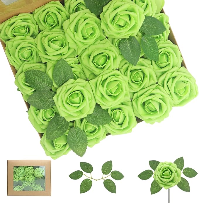 Artificial Flowers 50 Pcs Green Roses Real Looking Foam Fake Roses with Leaves for DIY Wedding Bouquets Bridal Shower Centerpieces Party Decorations (Green, 50)