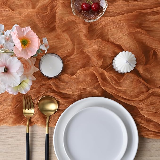 Joanlody Terracotta Cheesecloth Table Runner Spring Summer 10Ft Rustic Gauze Boho Cheese Cloth Table Runner for Wedding Bridal Baby Shower Decoration
