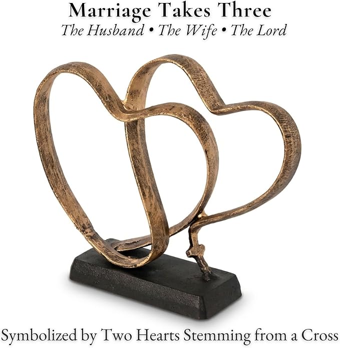 DCAPILLA Wedding Anniversary Couples Gift - Two Hearts and Cross Iron Sculpture, Heart Decoration Gift for Her and Him, 1st to 50th or 60th Anniversary, Includes Present Box and Poem Card