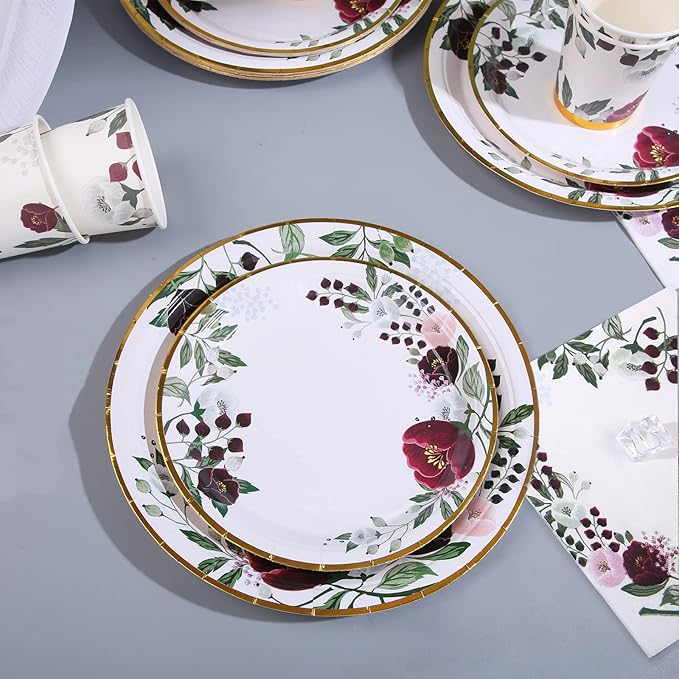200Pcs Floral Paper Plates and Napkins Party Supplies - Bridal Shower Decorations Serves 50, Burgundy for Wedding, Birthday, Valentine's Day, Easter, Spring Party
