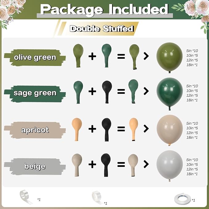 Double Stuffed Sage Green Balloons Arch, Olive Dusty Green Brown Beige Neutral Balloon Garland Kit, White Sand Apricot Tan Latex Balloon for Baby Shower Birthday Jungle Safari Party Decoration