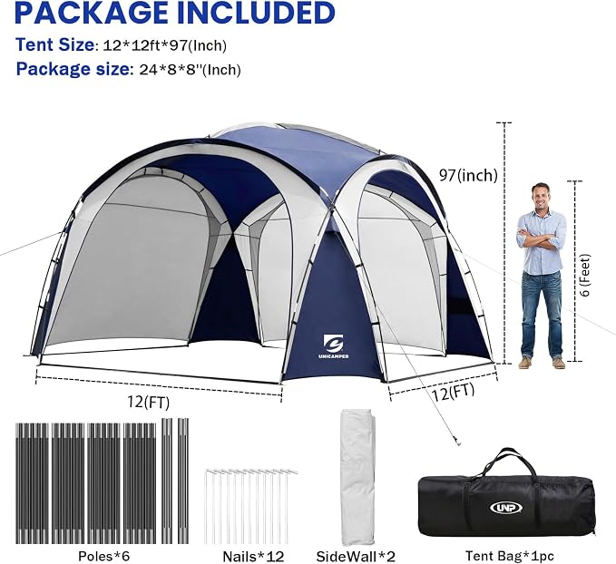 UNICAMPER Beach Tent 12 X 12ft Large UPF50+ Pop Up Canopy with 2-Pcs Side Wall, Sun Shelter Rainproof, Waterproof for Camping Trips, Backyard Fun, Fishing, Parties, Or Picnics(Navy Blue)