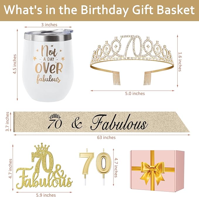 70th Birthday Decorations Gifts for Women Including 12oz Wine Tumbler Coffee Mug, Crown and Sash, Candles & Cake Topper, 70th Birthday Gifts Idea Gold White