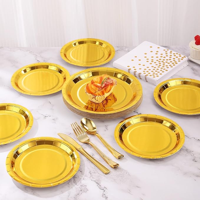 168pcs Gold Paper Plates Party Plates and Cups and Napkins Sets,Gold Plates Party Supplies Disposable Dinnerware Set Serves 24 for Anniversary Graduation Birthday Party Decorations