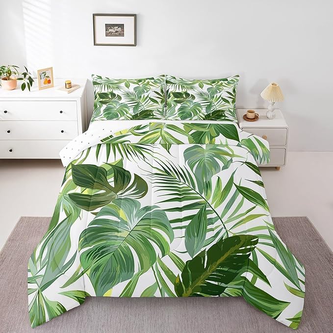 jejeloiu Green Palm Leaf Comforter Set Twin Size Kids Green Tropical Leaves Pattern Bedding Set for Boys Girls Summer Tree Branches Nature Theme Duvet Quilt Room Decor